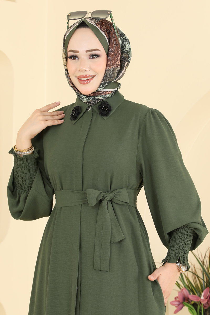 Aerobin Abaya Coat with Rose Collar - Khaki