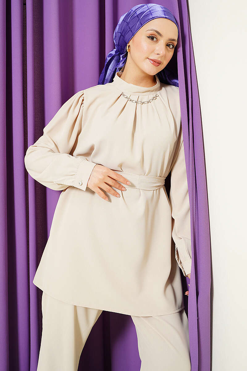 Tunic Two-Piece Set with Necklace Collar - Beige