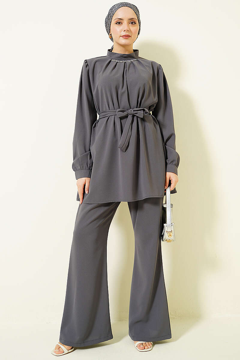 Tunic Two-Piece Set with Necklace Collar - Smoke Grey