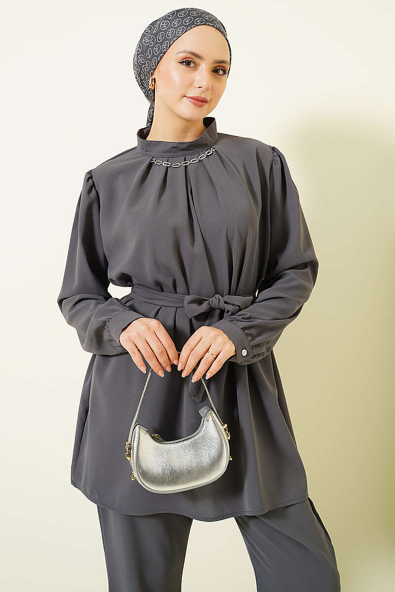Tunic Two-Piece Set with Necklace Collar - Smoke Grey