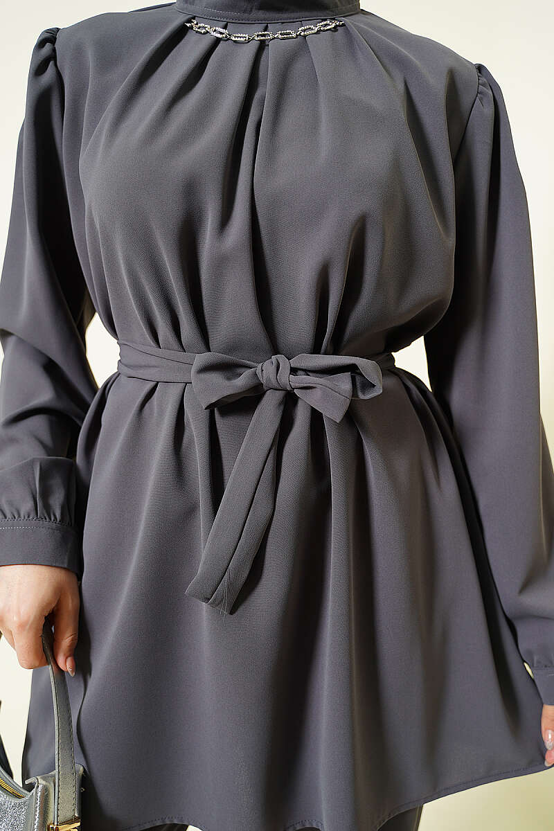 Tunic Two-Piece Set with Necklace Collar - Smoke Grey