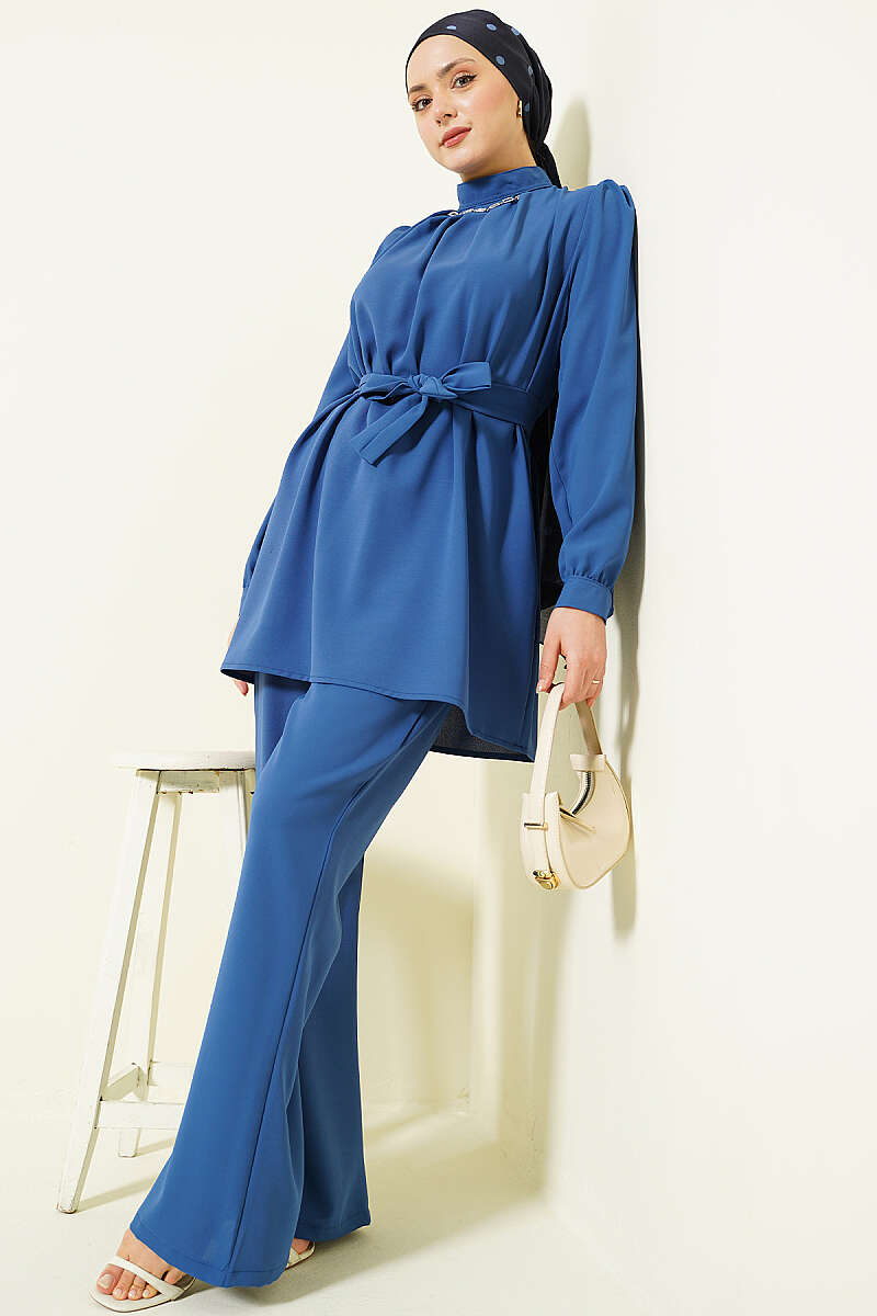Tunic Two-Piece Set with Necklace Collar - Indigo