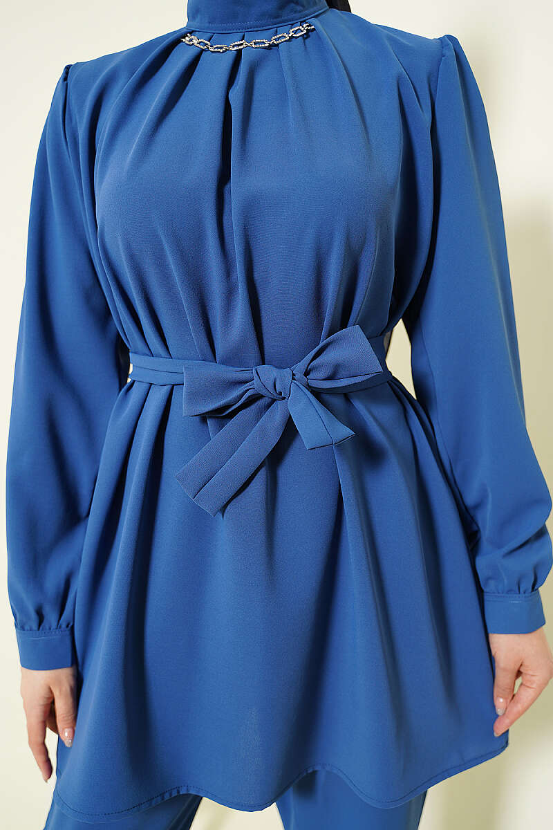 Tunic Two-Piece Set with Necklace Collar - Indigo
