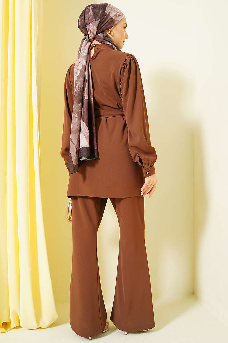 Tunic Two-Piece Set with Necklace Collar - Brown