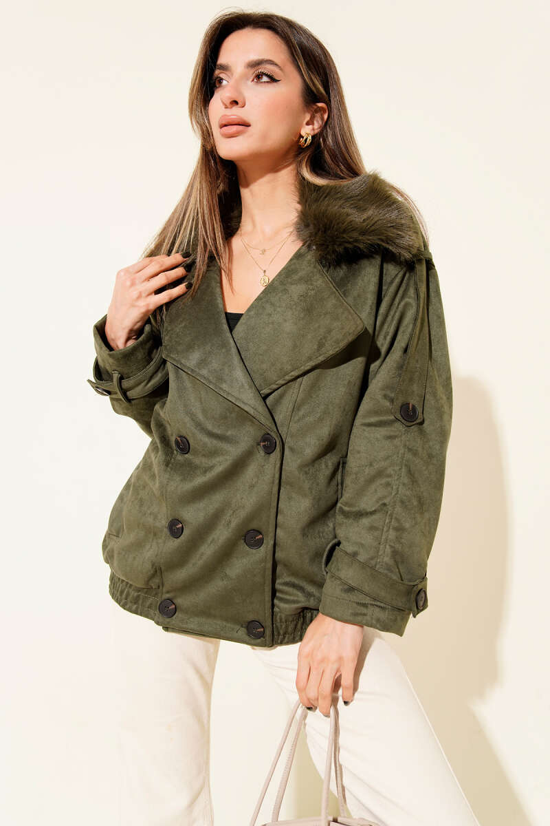 Bomber Jacket with Faux Fur Collar - Khaki