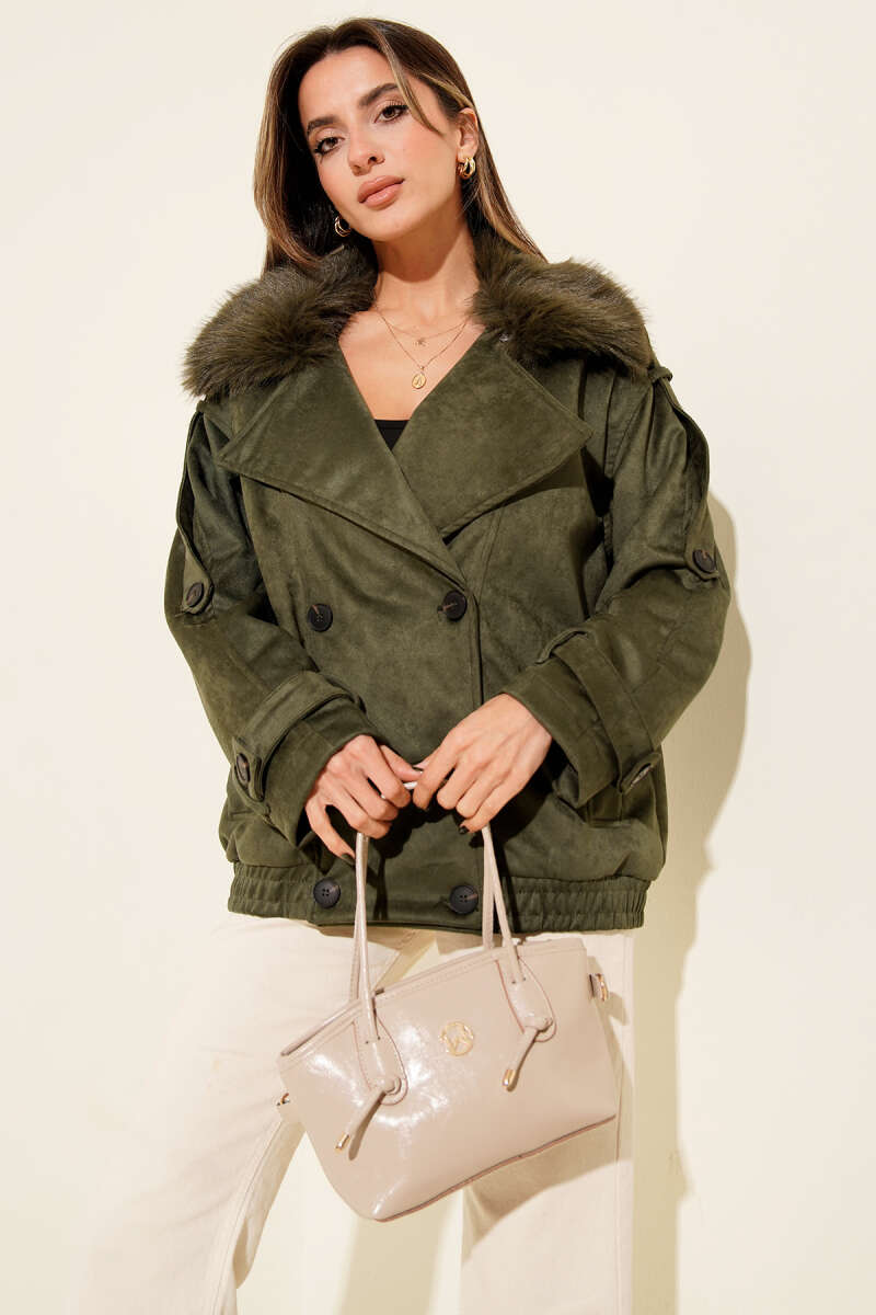 Bomber Jacket with Faux Fur Collar - Khaki