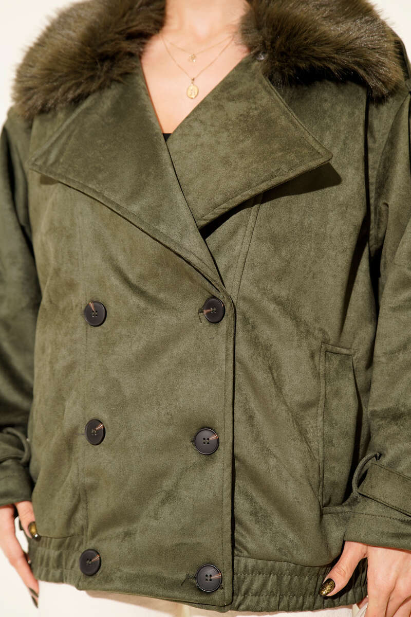 Bomber Jacket with Faux Fur Collar - Khaki