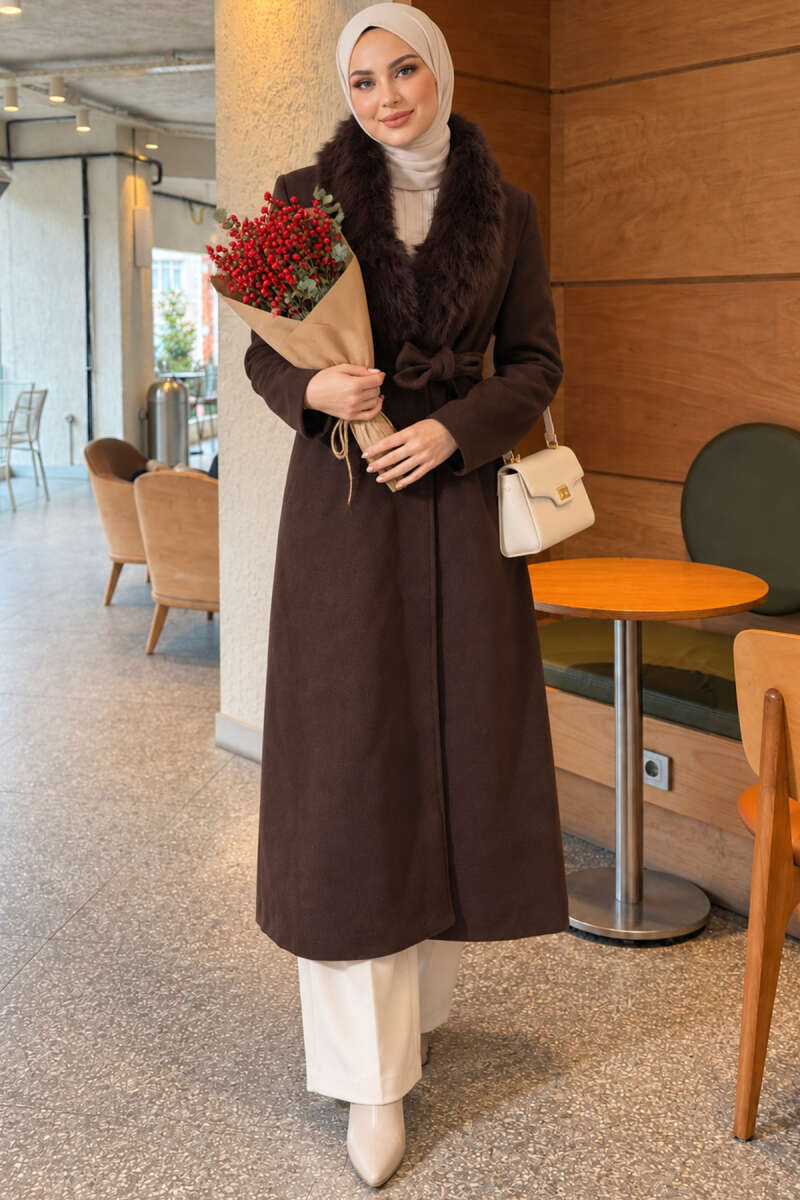 Long Coat with Faux Fur Collar - Dark Brown