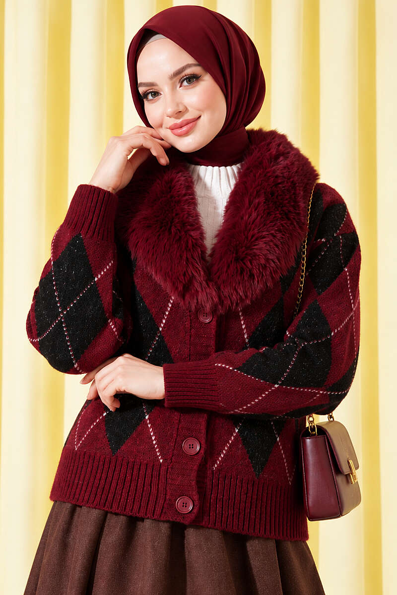 Diamond Knit Cardigan with Faux Fur Collar - Burgundy