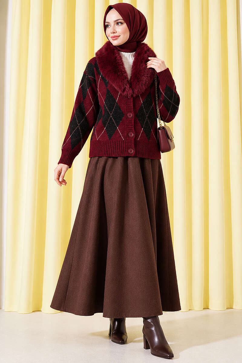 Diamond Knit Cardigan with Faux Fur Collar - Burgundy