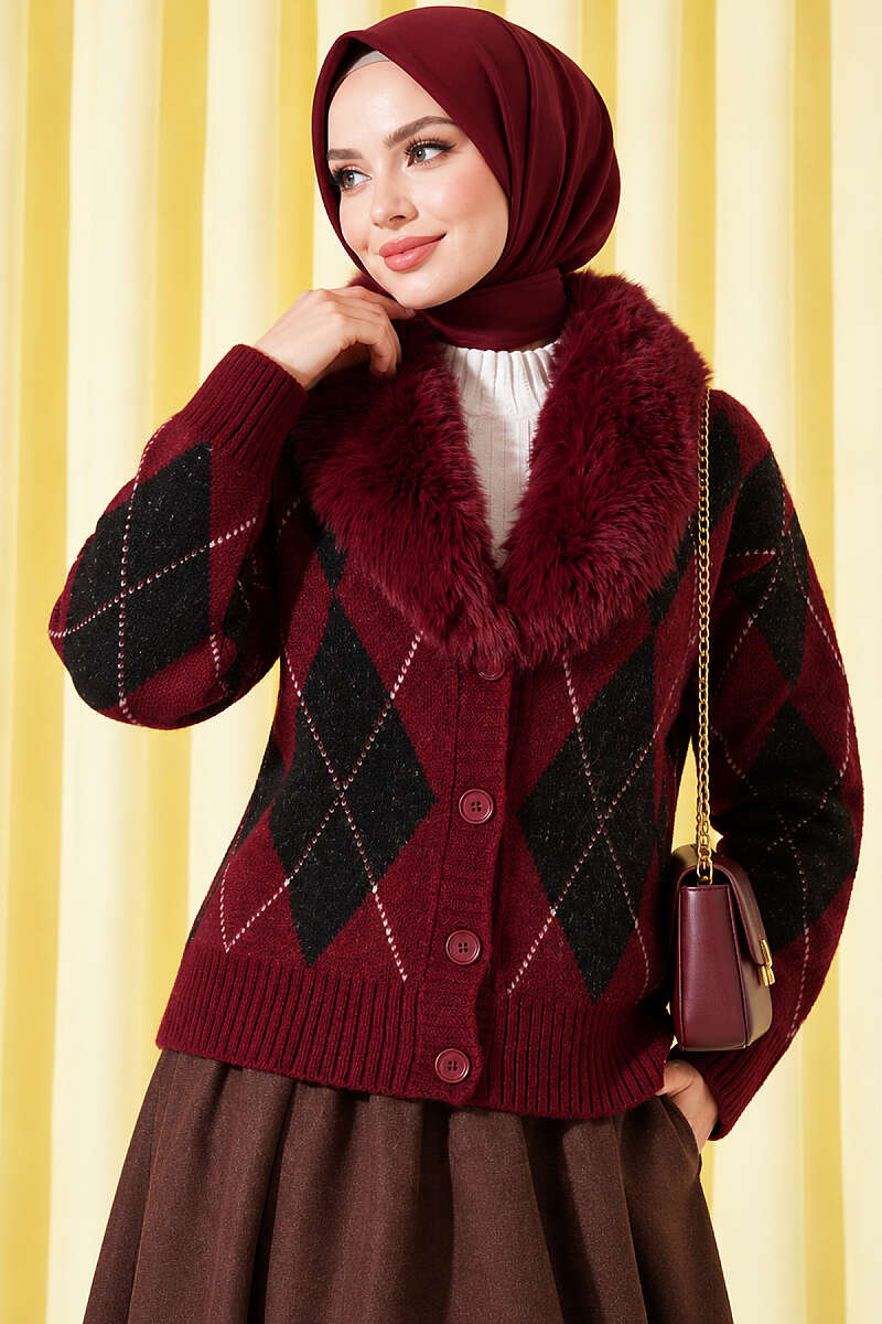 Diamond Knit Cardigan with Faux Fur Collar - Burgundy