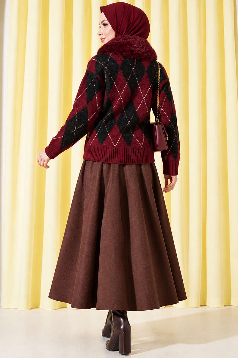 Diamond Knit Cardigan with Faux Fur Collar - Burgundy