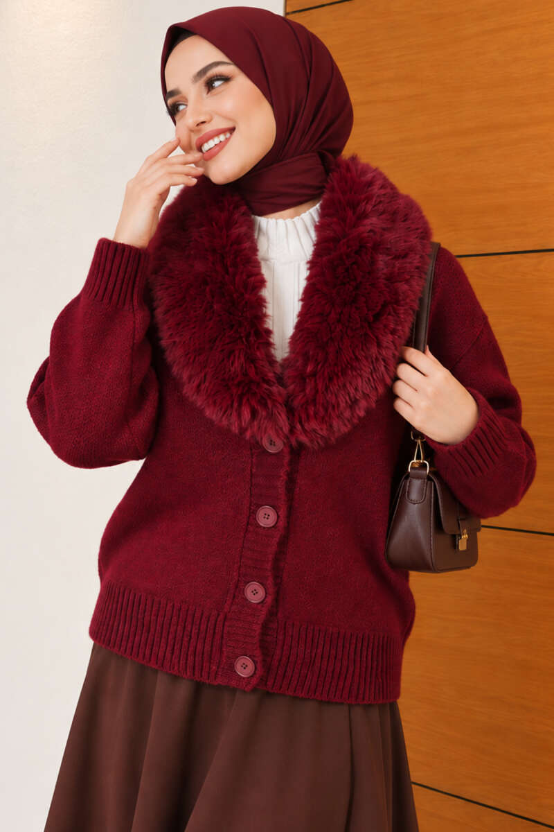 Knit Cardigan with Faux Fur Collar - Burgundy