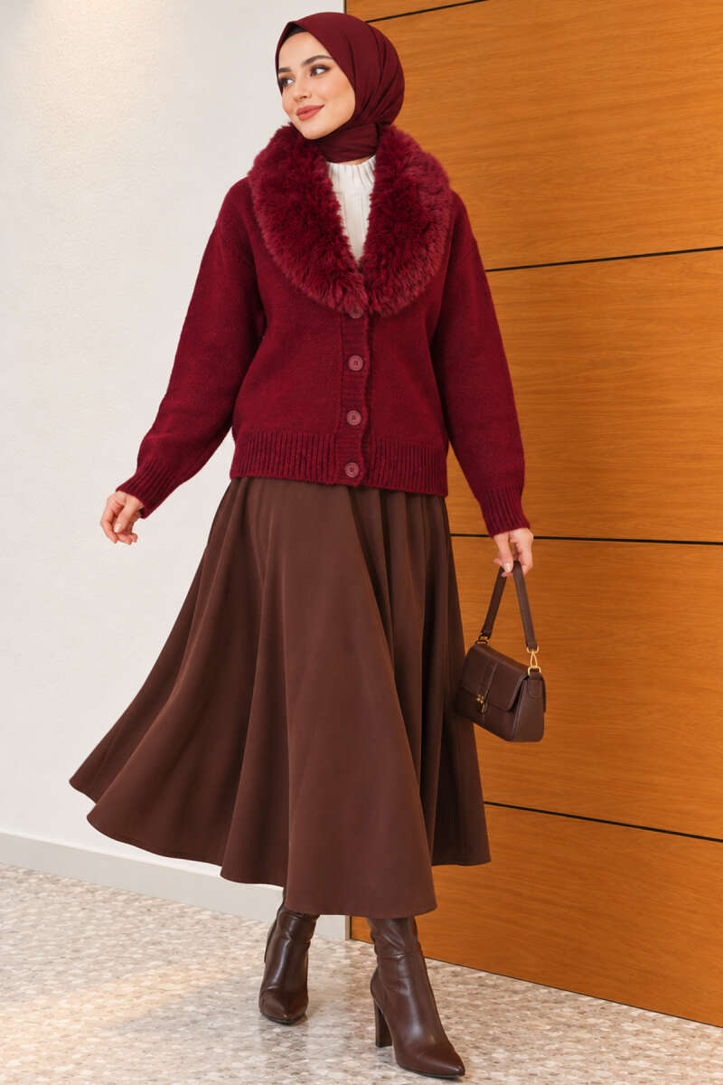 Knit Cardigan with Faux Fur Collar - Burgundy