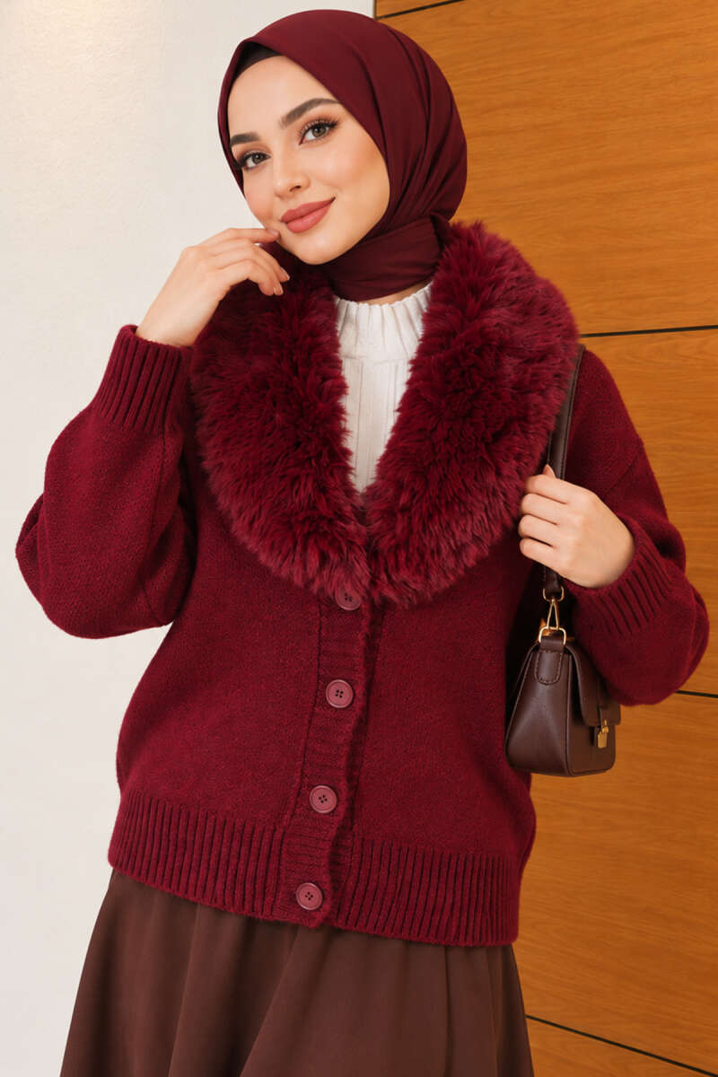 Knit Cardigan with Faux Fur Collar - Burgundy