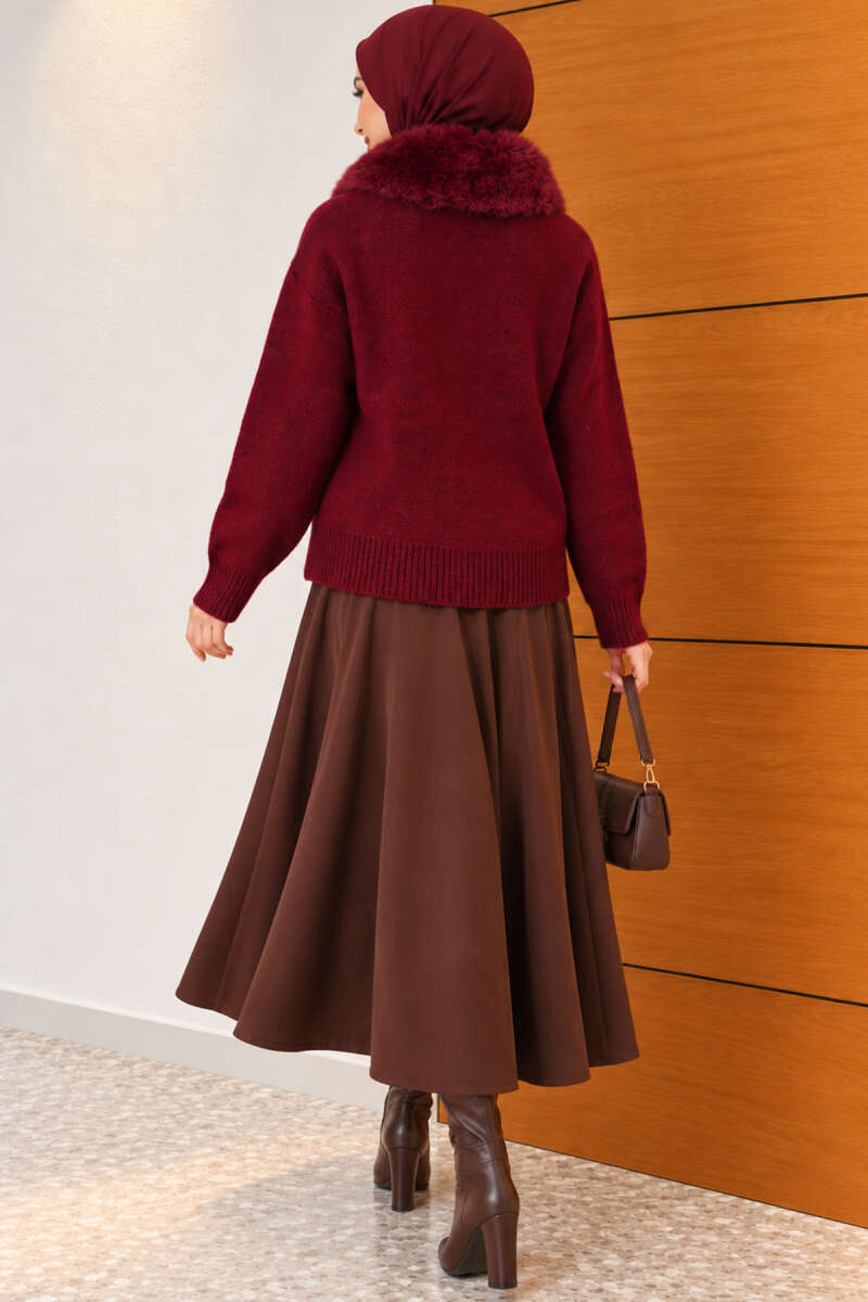 Knit Cardigan with Faux Fur Collar - Burgundy
