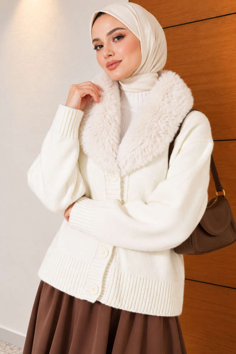 Knit Cardigan with Faux Fur Collar - Ecru