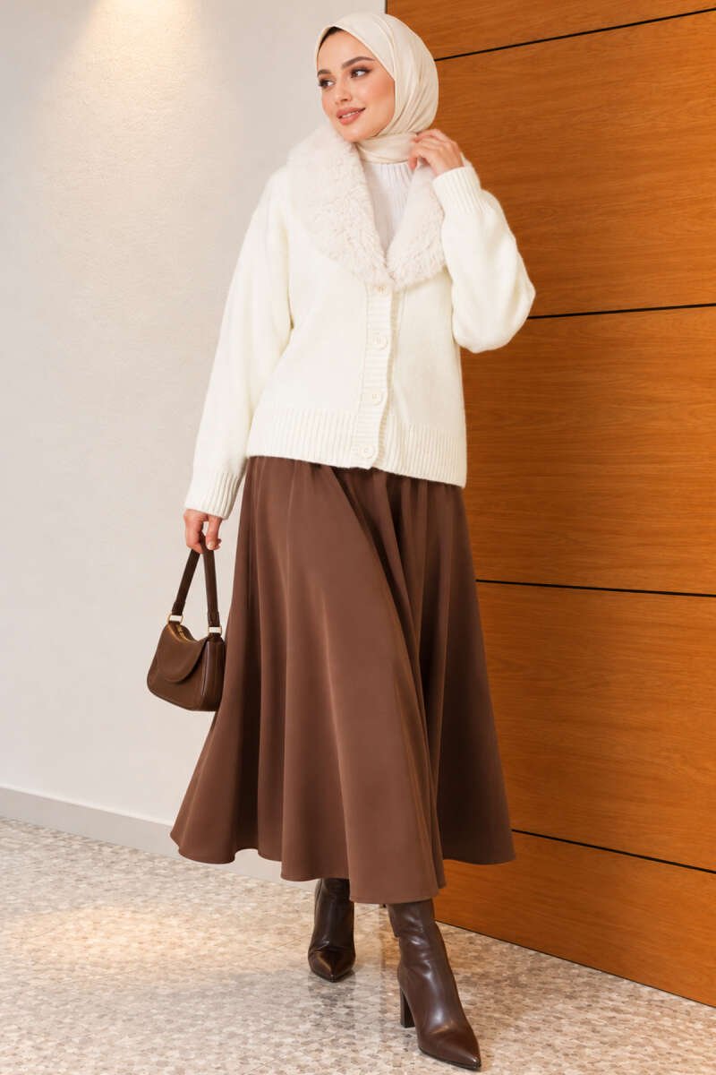 Knit Cardigan with Faux Fur Collar - Ecru