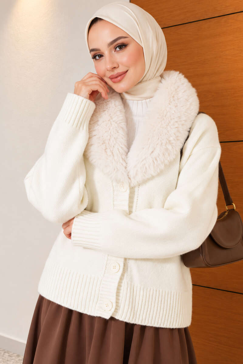 Knit Cardigan with Faux Fur Collar - Ecru