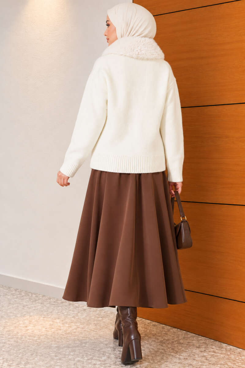 Knit Cardigan with Faux Fur Collar - Ecru