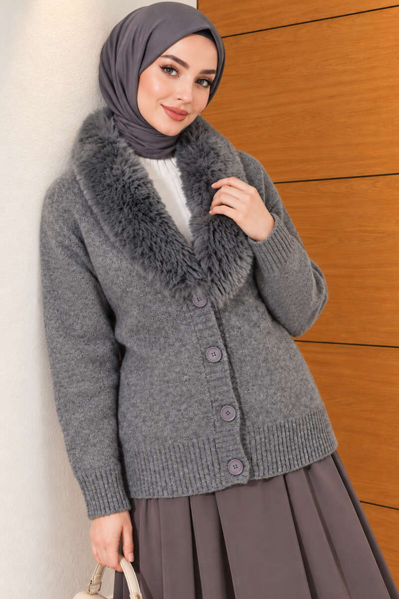Knit Cardigan with Faux Fur Collar - Smoke Grey