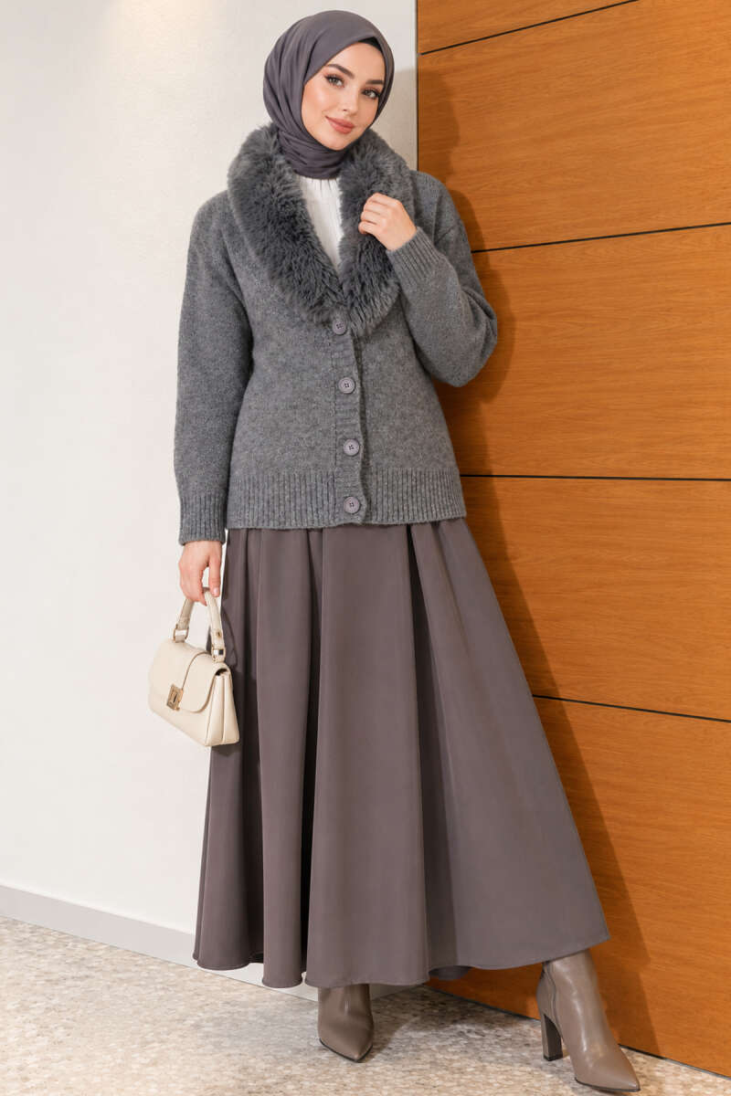 Knit Cardigan with Faux Fur Collar - Smoke Grey