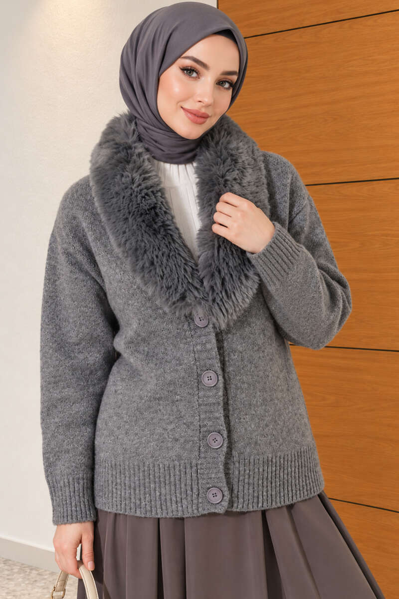 Knit Cardigan with Faux Fur Collar - Smoke Grey