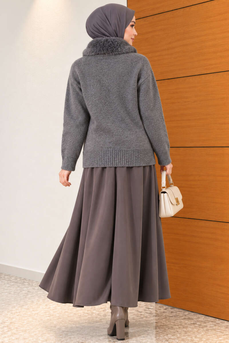 Knit Cardigan with Faux Fur Collar - Smoke Grey