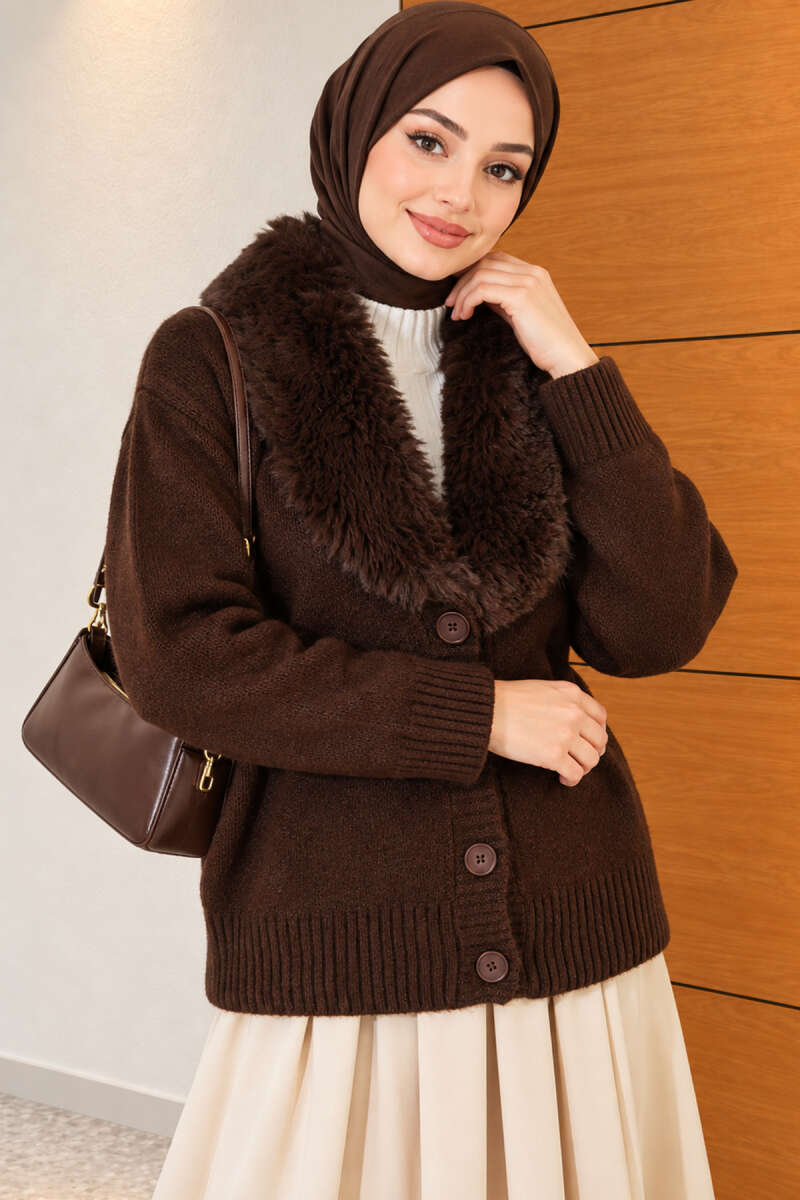 Knit Cardigan with Faux Fur Collar - Brown
