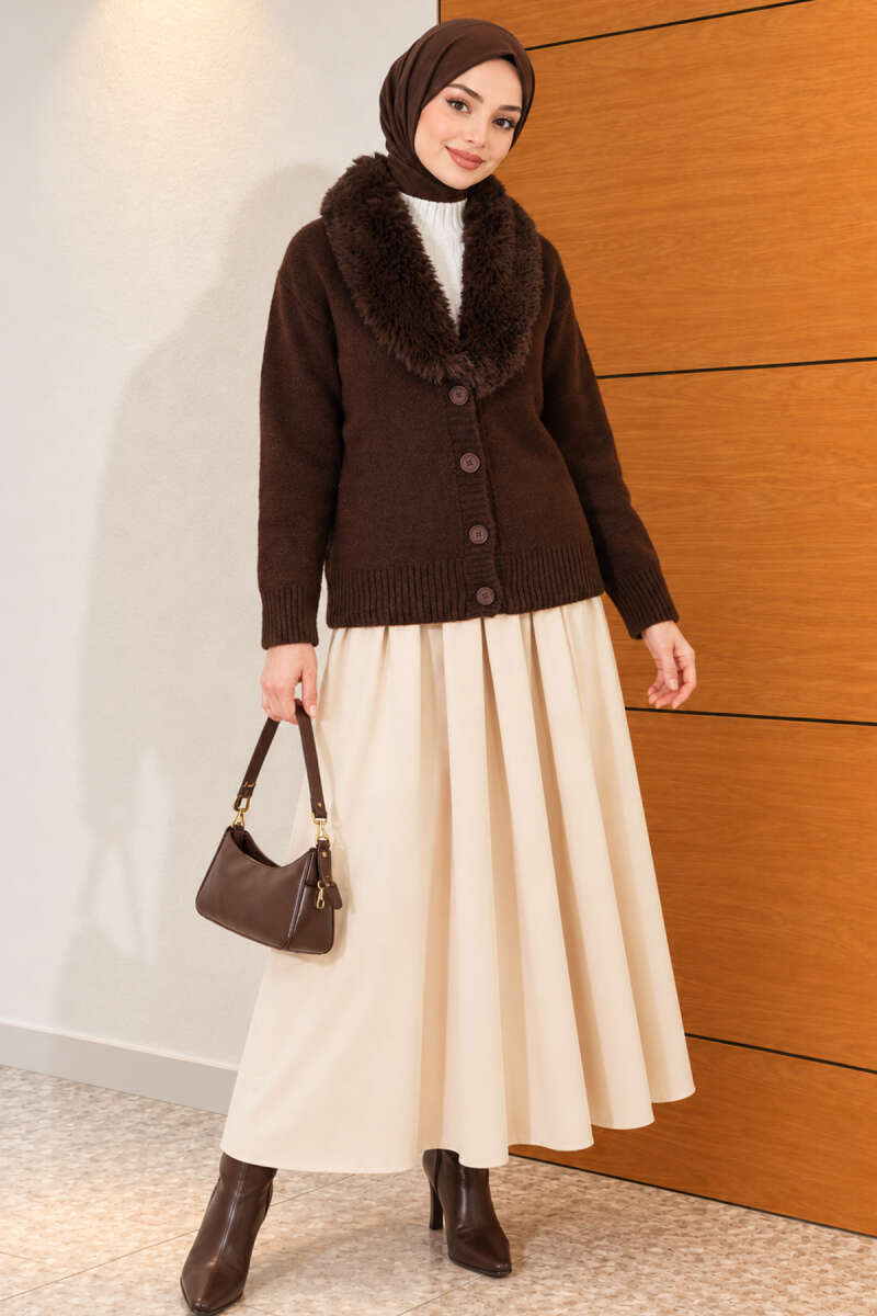 Knit Cardigan with Faux Fur Collar - Brown