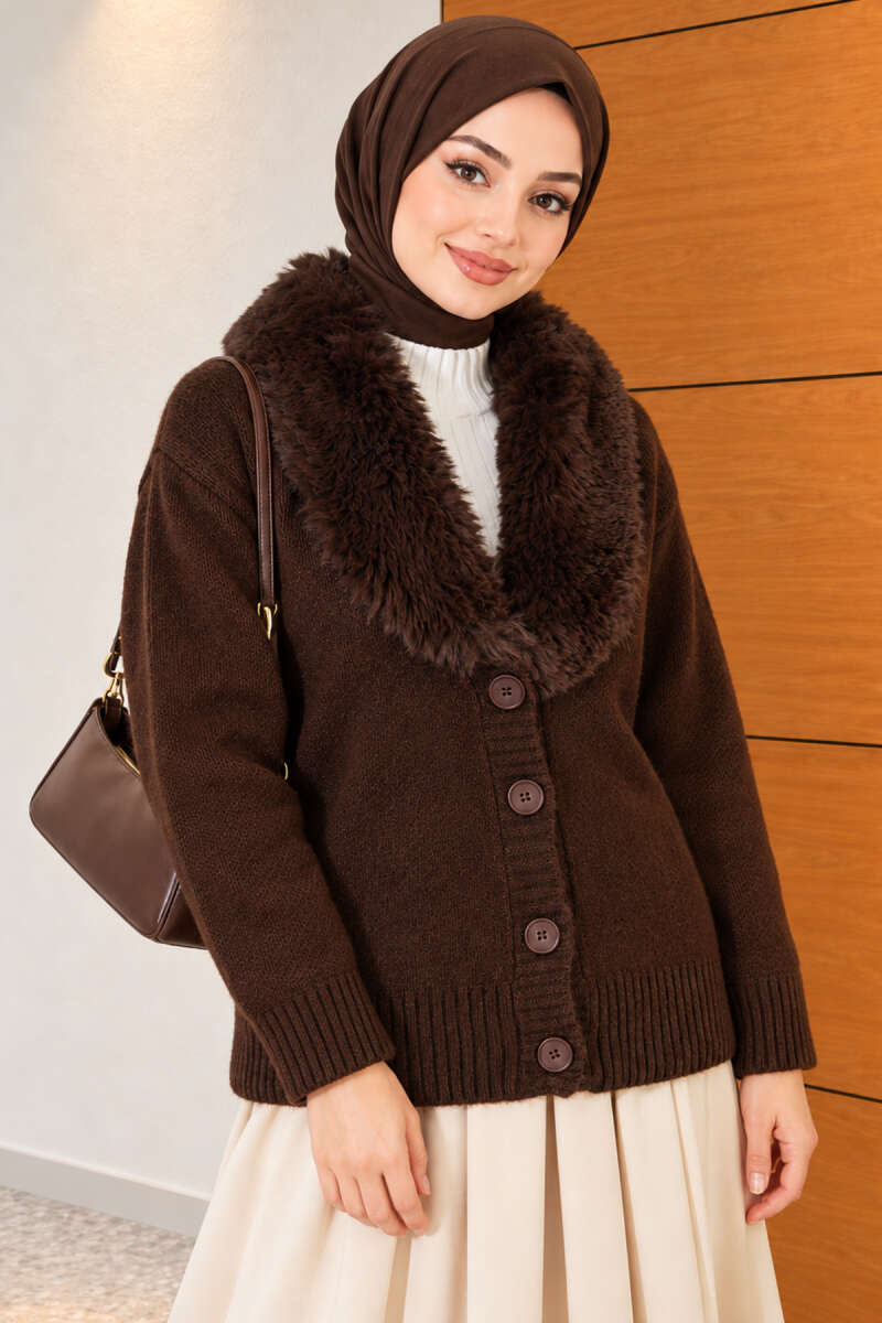 Knit Cardigan with Faux Fur Collar - Brown