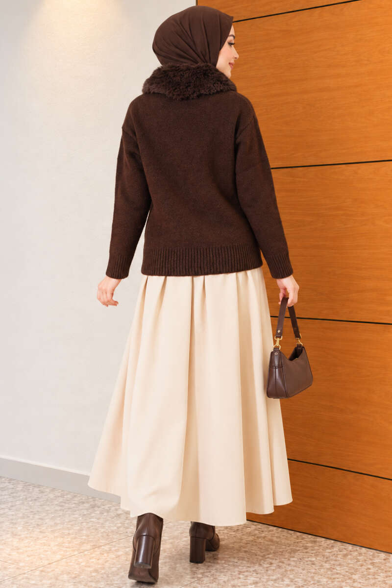Knit Cardigan with Faux Fur Collar - Brown