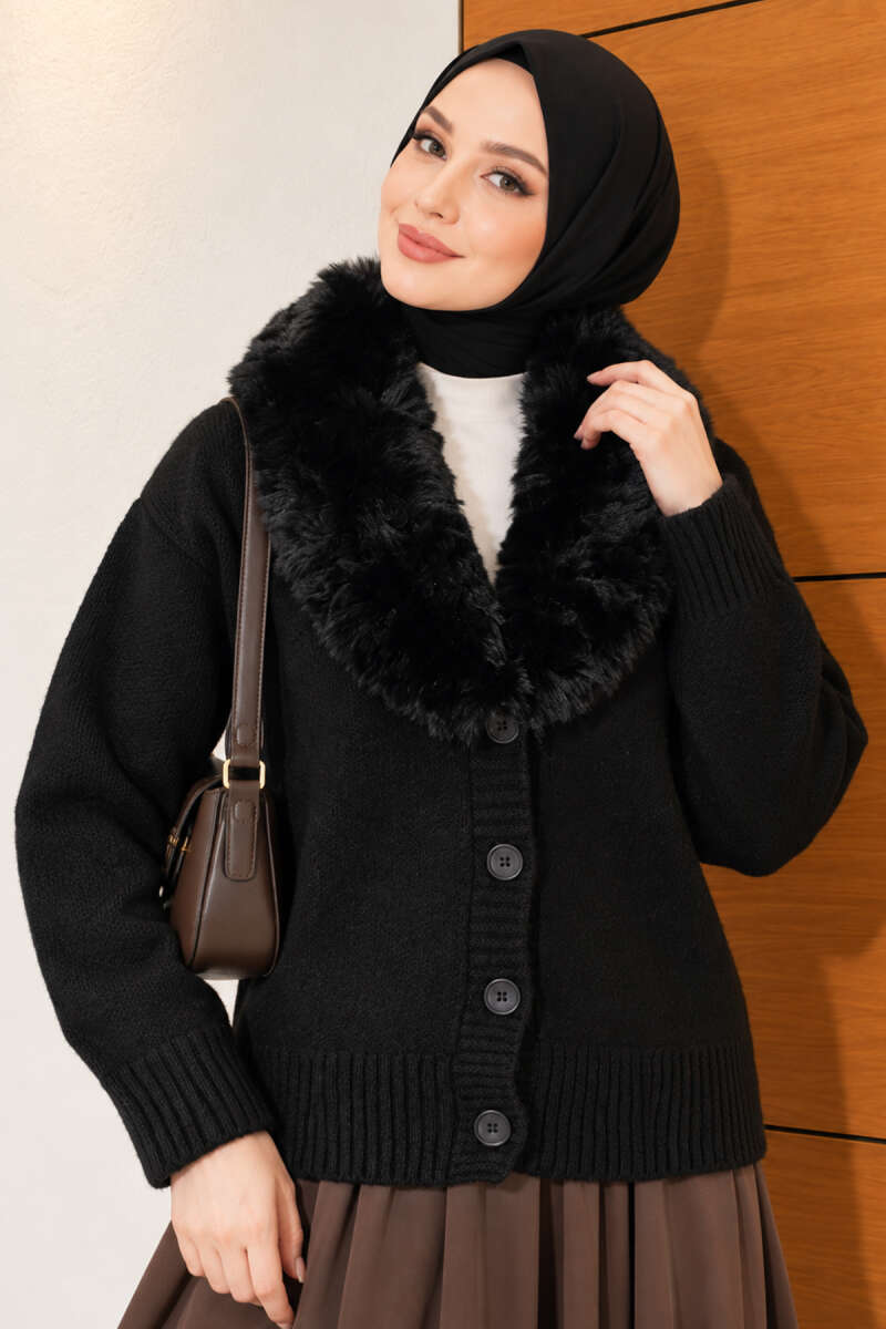 Knit Cardigan with Faux Fur Collar - Black