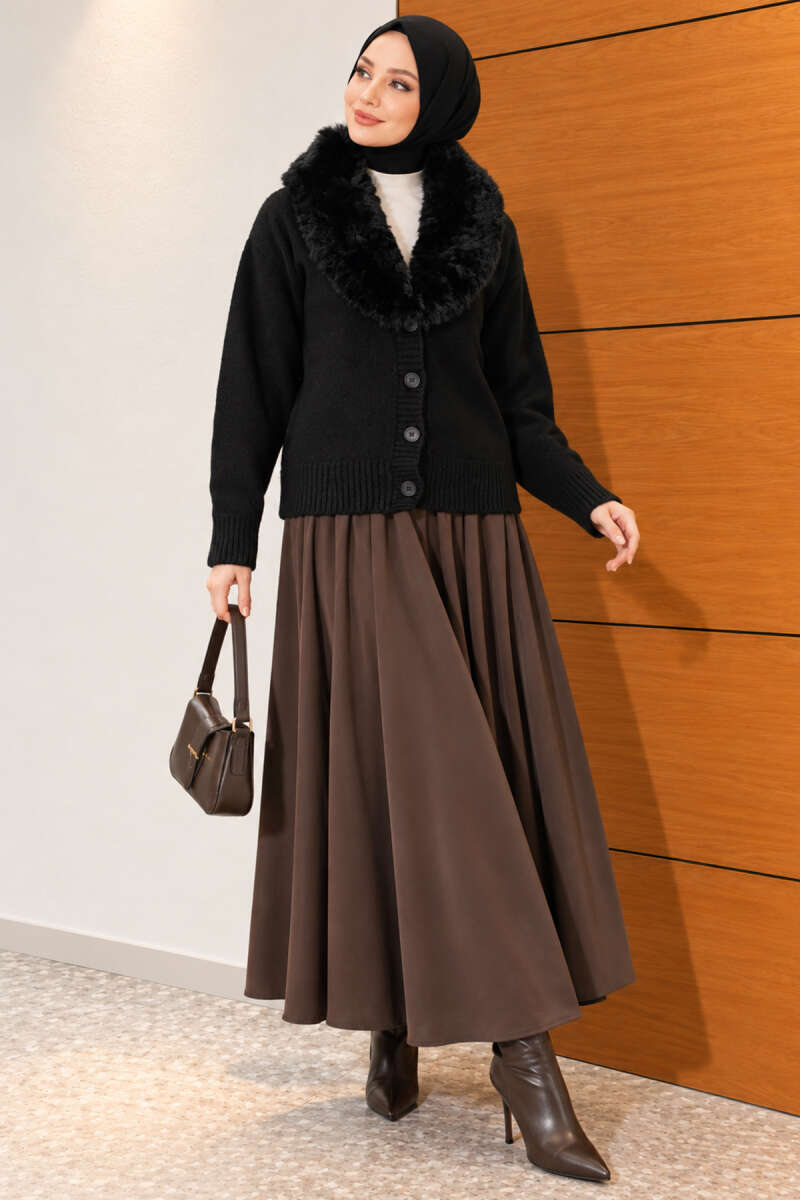 Knit Cardigan with Faux Fur Collar - Black