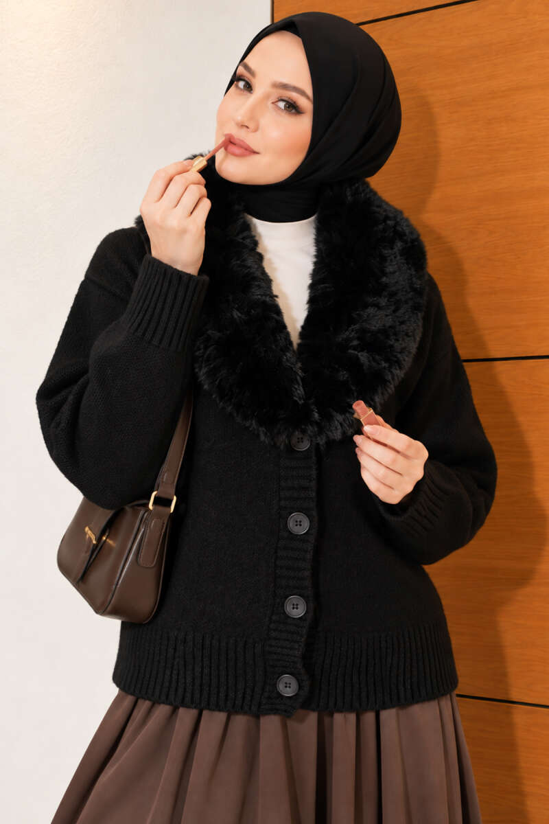Knit Cardigan with Faux Fur Collar - Black