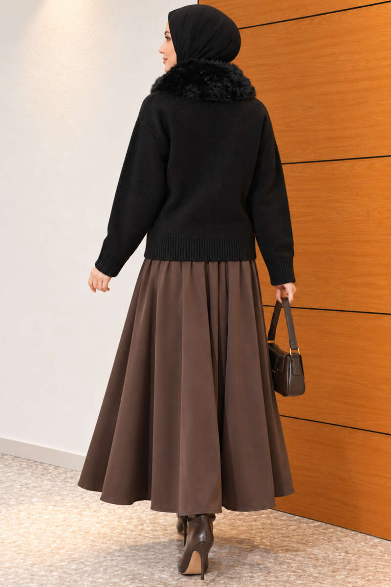 Knit Cardigan with Faux Fur Collar - Black