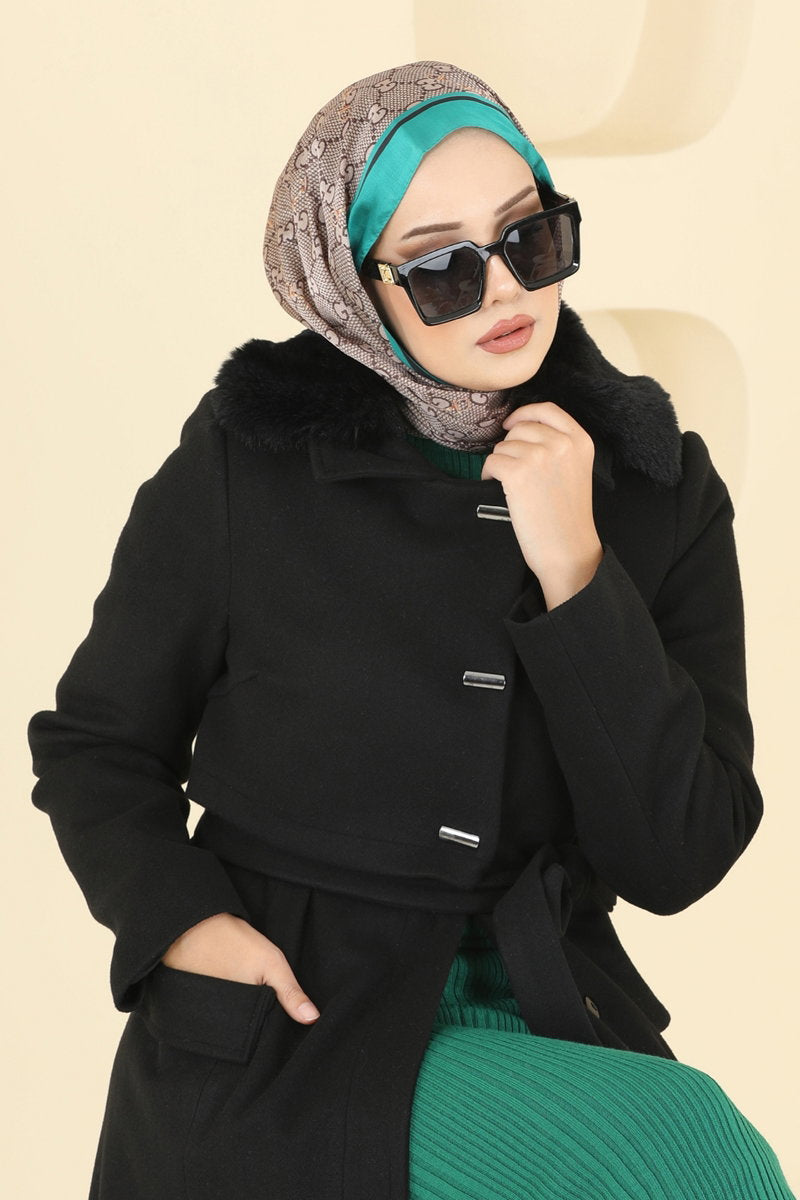 Felt Coat with Fur Collar - Black