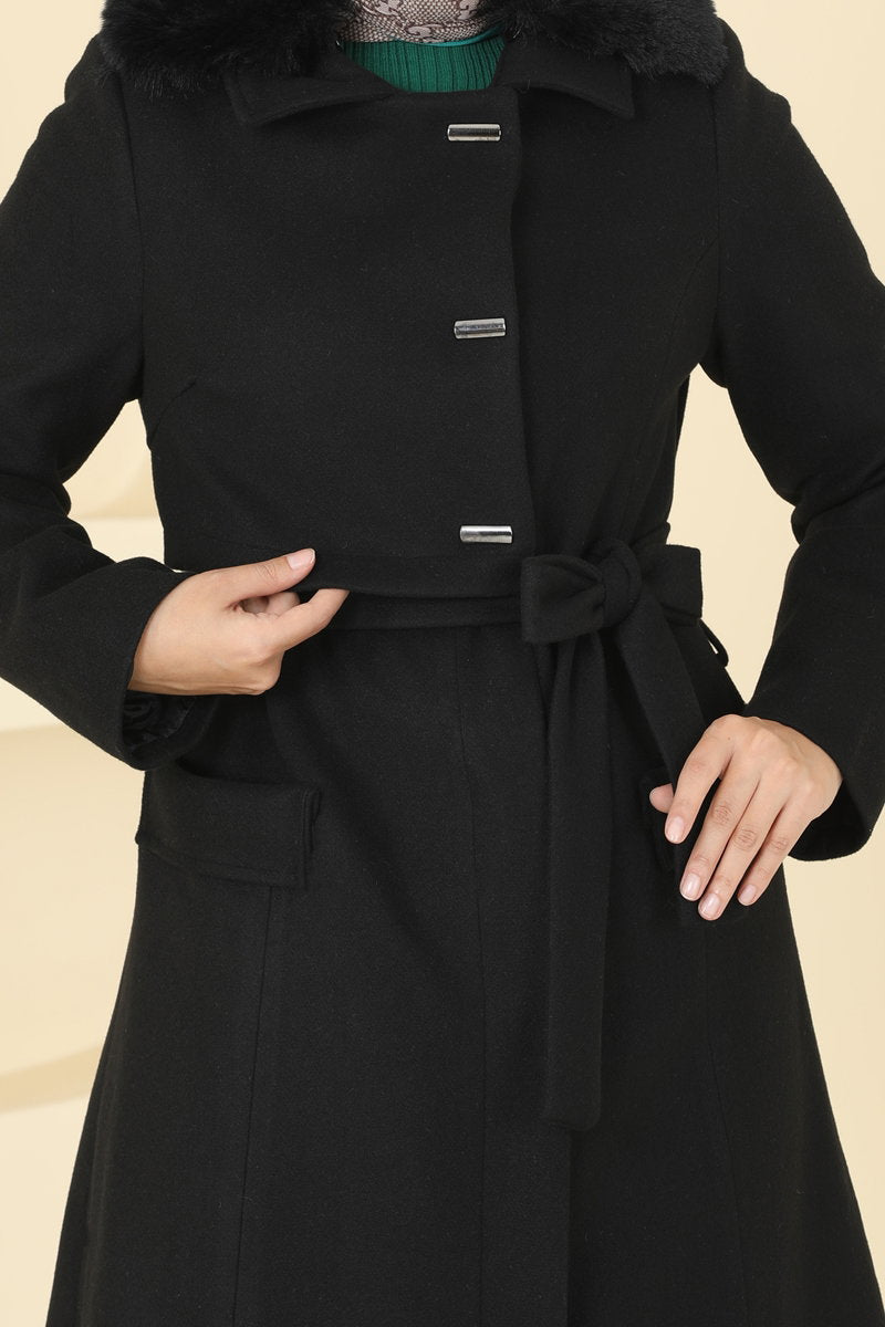 Felt Coat with Fur Collar - Black