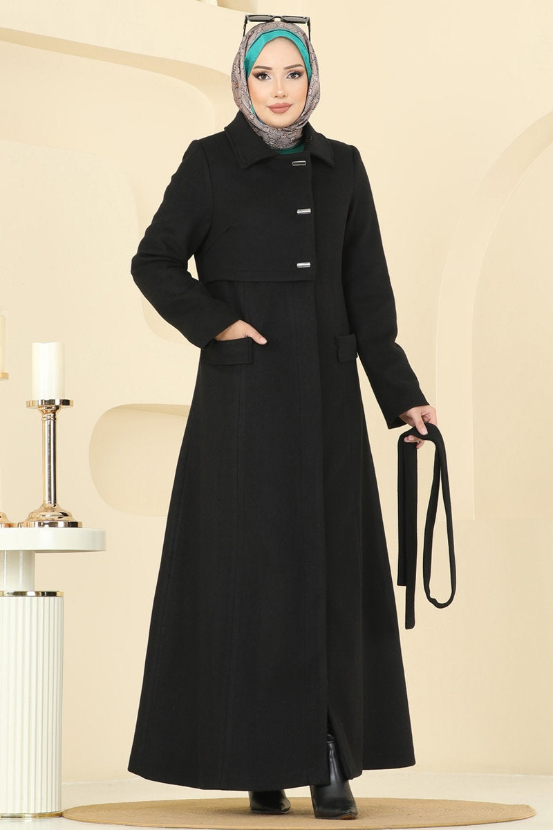 Felt Coat with Fur Collar - Black