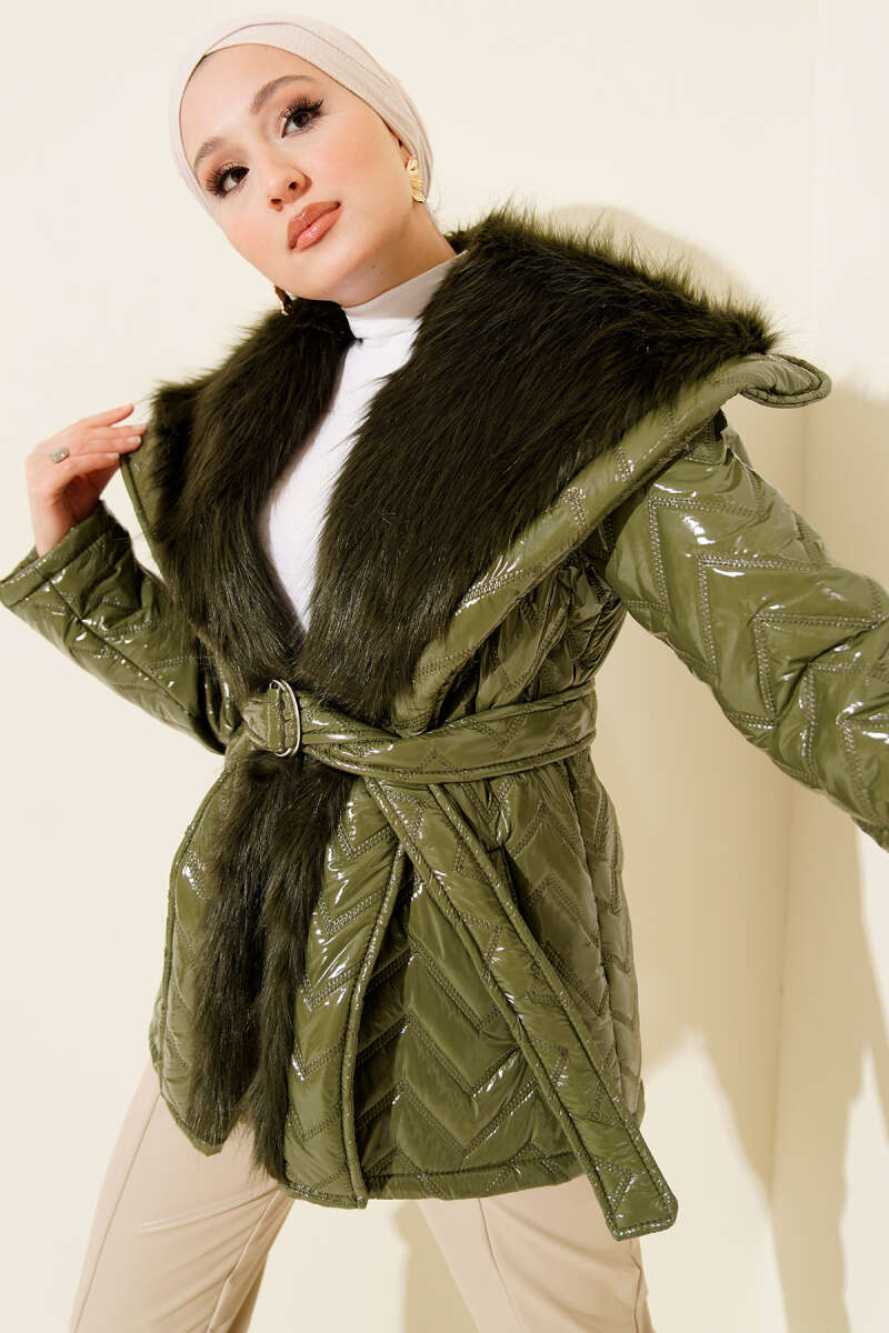 Glossy Coat with Faux Fur Collar - Khaki