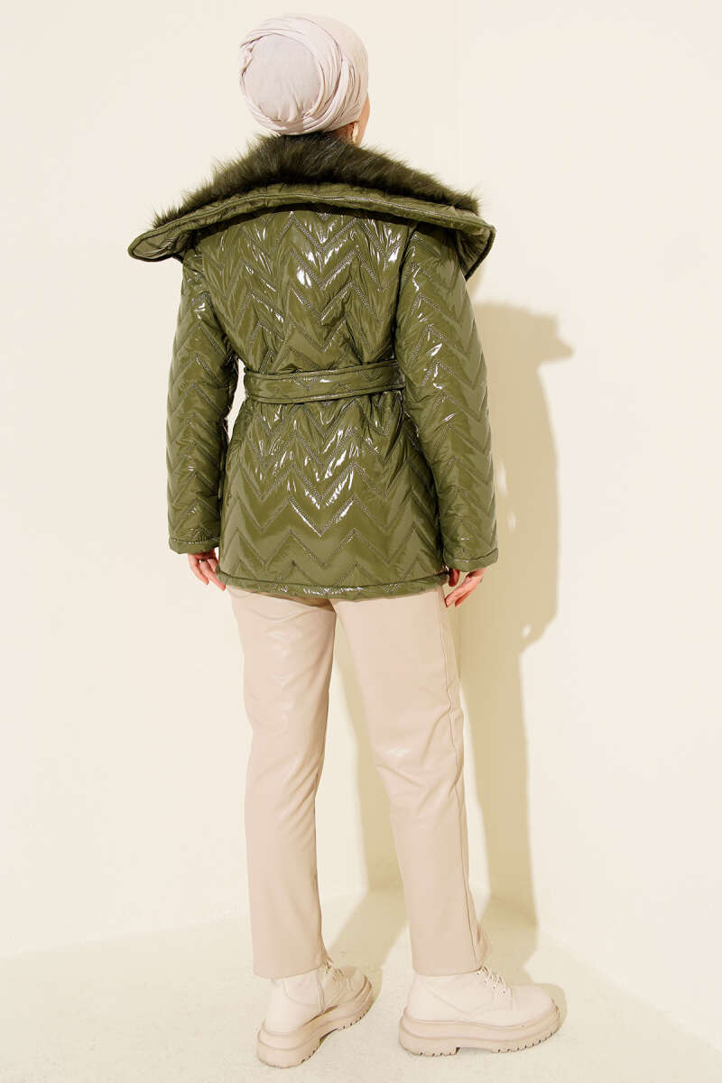 Glossy Coat with Faux Fur Collar - Khaki
