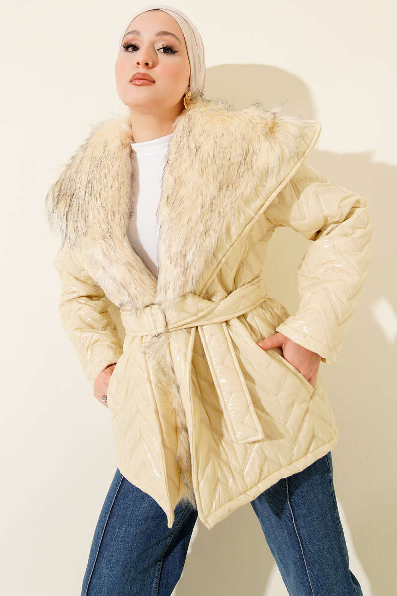 Glossy Coat with Faux Fur Collar - Bone