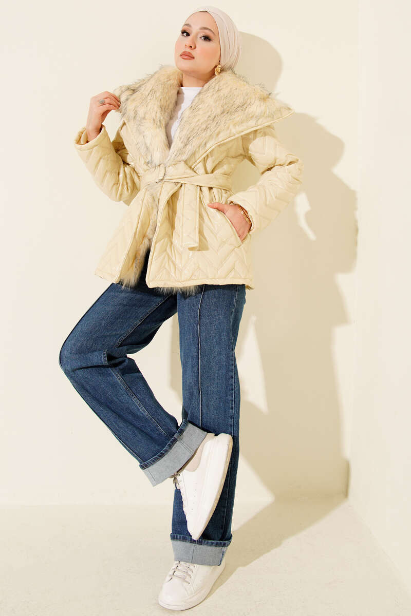 Glossy Coat with Faux Fur Collar - Bone