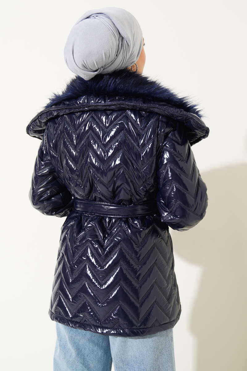 Glossy Coat with Faux Fur Collar - Navy