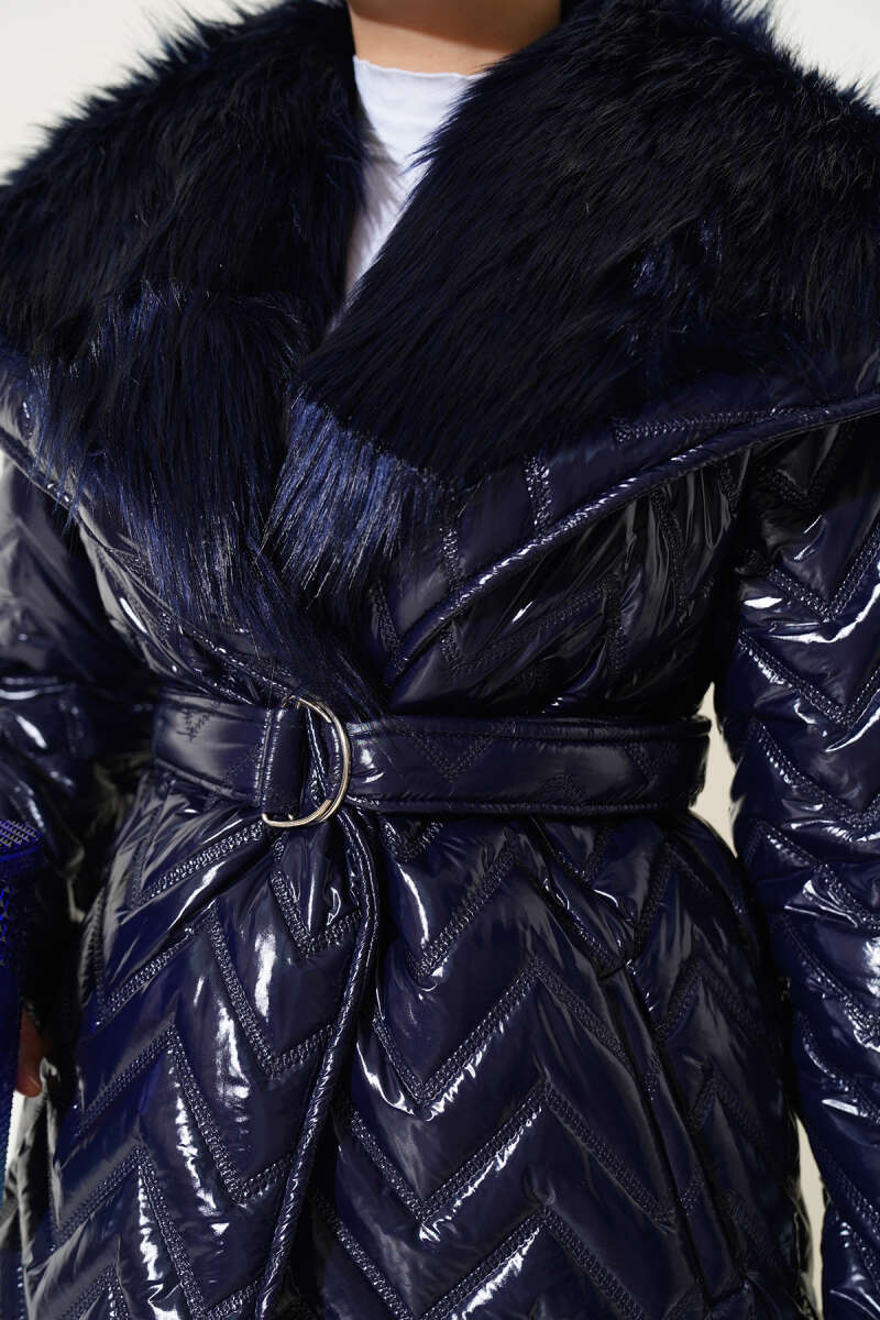 Glossy Coat with Faux Fur Collar - Navy