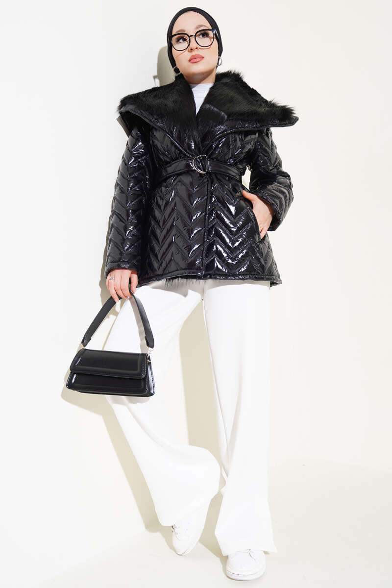 Glossy Coat with Faux Fur Collar - Black
