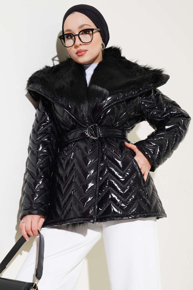 Glossy Coat with Faux Fur Collar - Black