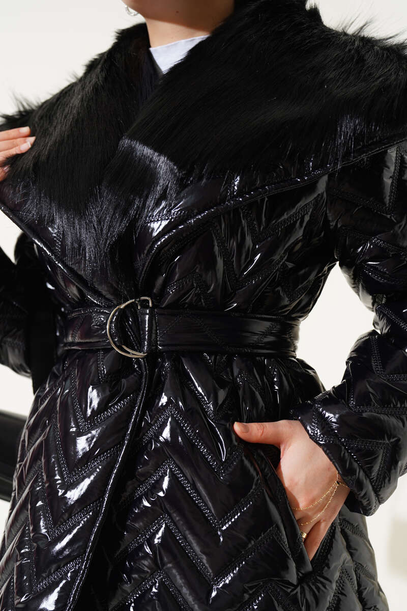 Glossy Coat with Faux Fur Collar - Black