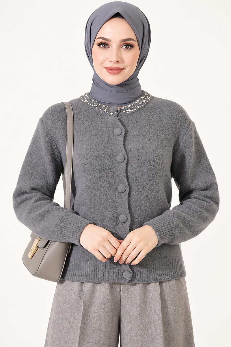 Brushed Cardigan with Jewelled Collar - Smoke Grey