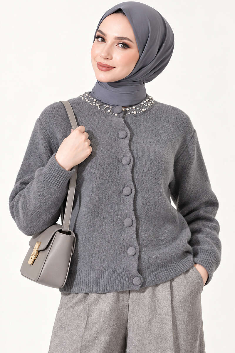 Brushed Cardigan with Jewelled Collar - Smoke Grey
